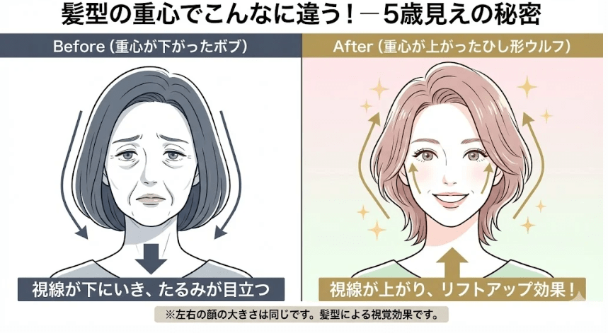 50代女性のイラスト比較。重心が下がったボブヘアは老けて見えるが、ひし形シルエットのウルフカットはリフトアップして若々しく見える様子。