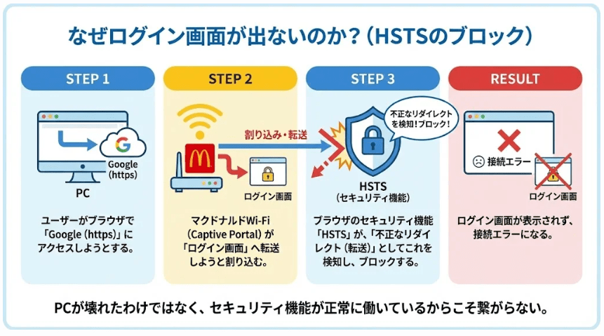 マクドナルドWi-Fi接続時に、ブラウザのHSTS機能がログイン画面へのリダイレクトをブロックしている仕組みの図解。