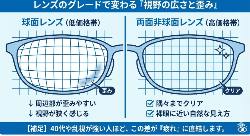 球面レンズと両面非球面レンズの見え方の違いを比較した図。球面レンズは周辺が歪んでいるのに対し、両面非球面レンズは歪みがなくクリアに見える。