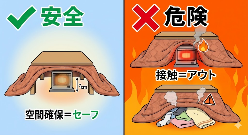 こたつの安全 vs 危険 判定イラスト