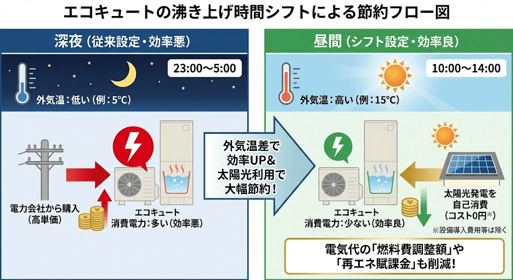 エコキュートの沸き上げ時間シフトによる節約フロー図