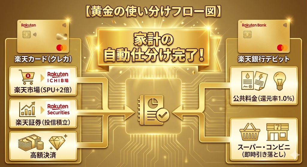 【黄金の使い分けフロー図】
左側に「楽天カード（クレカ）」、右側に「楽天銀行デビット」を配置。
・楽天カードの守備範囲：楽天市場（SPU+2倍）、楽天証券（投信積立）、高額決済。
・デビットの守備範囲：公共料金（還元率1.0%）、スーパー・コンビニ（即時引き落とし）。
中央に「家計の自動仕分け完了！」というキャッチコピーを配置。