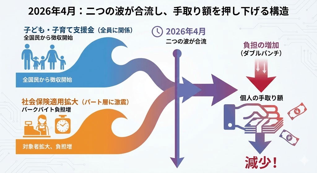 「子ども・子育て支援金（全員に関係）」と「社会保険適用拡大（パート層に激震）」の2つの波が、2026年4月という一点で合流し、個人の「手取り額」を押し下げる構造をフロー図