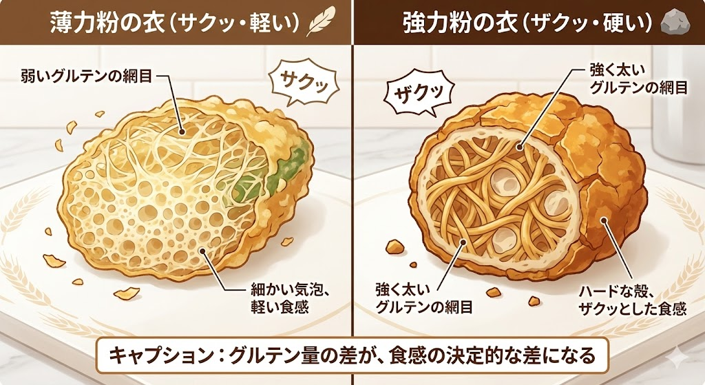 「薄力粉の衣（サクッ・軽い）」vs「強力粉の衣（ザクッ・硬い）」の断面イメージ図