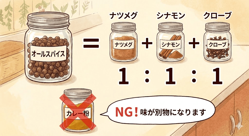 「オールスパイスの構成要素」を示す等式のイラストを作成してください。
・左辺：オールスパイスの瓶
・右辺：ナツメグの瓶 ＋ シナモンの瓶 ＋ クローブの瓶
・比率：「1 : 1 : 1」と大きく表示。