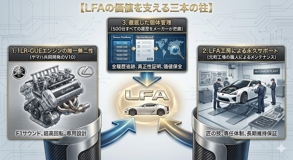 【LFAの価値を支える三本の柱】
1. 1LR-GUEエンジンの唯一無二性（ヤマハ共同開発のV10）
2. LFA工房による永久サポート（元町工場の職人によるメンテナンス）
3. 徹底した個体管理（500台すべての履歴をメーカーが把握）