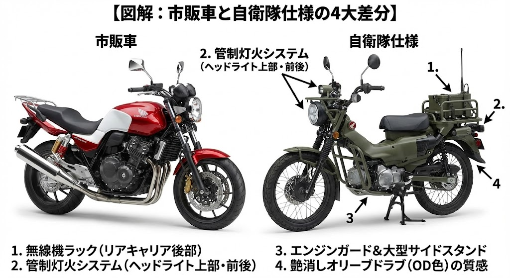 1. 無線機ラック（リアキャリア後部）
2. 管制灯火システム（ヘッドライト上部・前後）
3. エンジンガード＆大型サイドスタンド
4. 艶消しオリーブドラブ（OD色）の質感