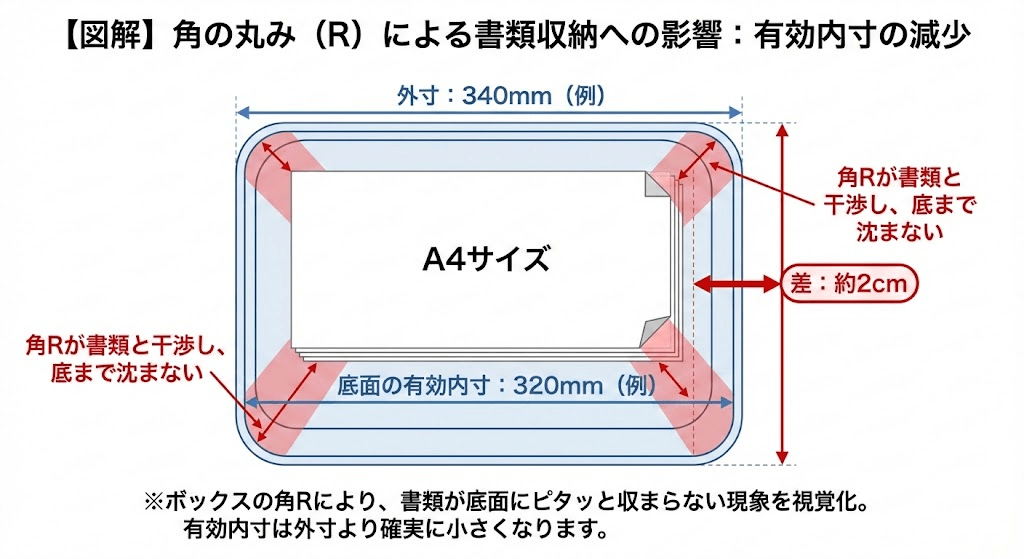 ボックスを真上から見た図解を作成。四隅の「角の丸み（R）」によって、長方形の書類が底までピタッと沈まない様子を視覚化してください。特に「底面の有効内寸」が外寸より約2cm小さいことを強調します。