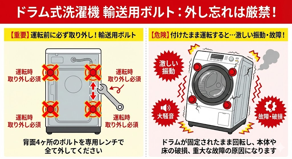 ドラム式洗濯機の背面にある「輸送用ボルト」の位置と、それを外さないまま運転した際の「振動・故障」のイメージを対比させた図解